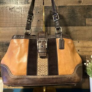 Coach Hampton Satchel Stripe Brown Suede Leather Bag